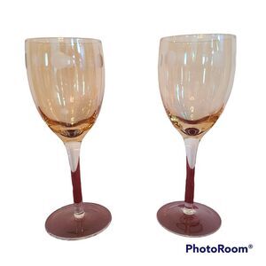 Vintage Golden Amber Light Yellow Iridescent Wine Glasses With Etching Set of 2
